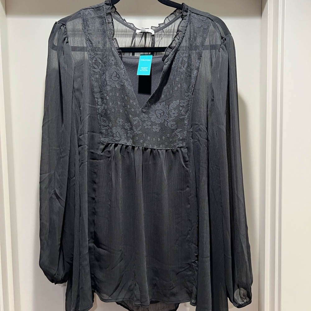 Dark Grey Lace-Trim V-Neck Long-Sleeve Womens Top